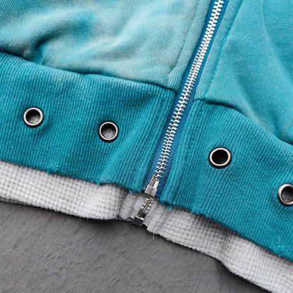 Graffiti Collage Hoodie - Teal Acid Wash Eyelet Hem Y2K Ripped Zip Up Streetwear