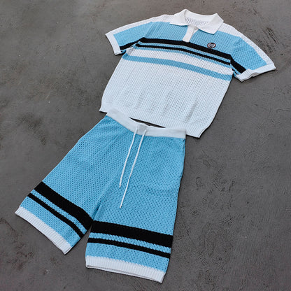 Crochet Knit Polo Set - Light Blue White Black Stripe Shirt Shorts Y2K Vacation Streetwear