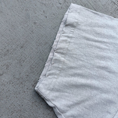 HUILI HDK Graphic Tee - Light Gray Dirty Wash Vintage Magazine Collage Print Distressed Ripped Raw Hem Y2K Streetwear
