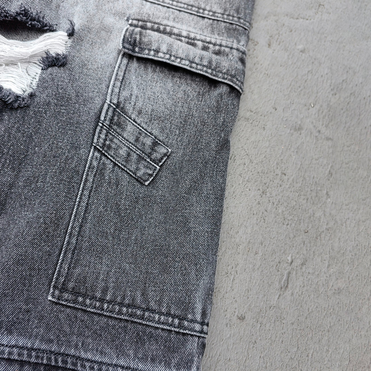 Wide Leg Jeans - Black Gray Acid Wash Double Waistband Heavy Ripped Distressed Frayed Hem Y2K Streetwear
