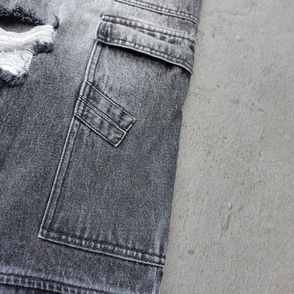Wide Leg Jeans - Black Gray Acid Wash Double Waistband Heavy Ripped Distressed Frayed Hem Y2K Streetwear
