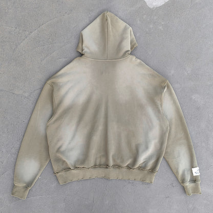 Distressed Zip Up Hoodie - Olive Gradient Wash Frayed Y2K Streetwear