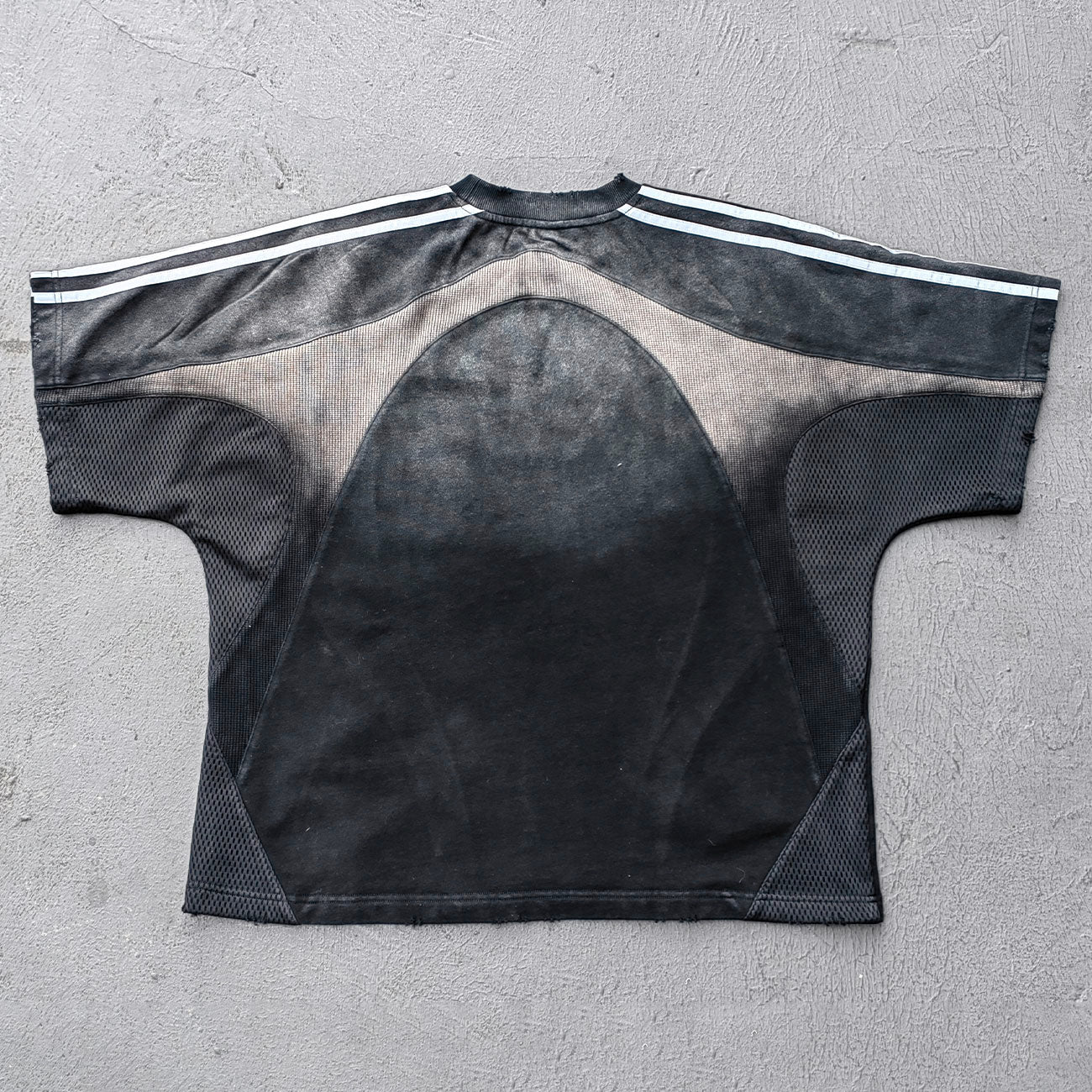 Mesh Panel T-Shirt - Black Gray Gradient Three Stripe HDK Logo Distressed Y2K Streetwear