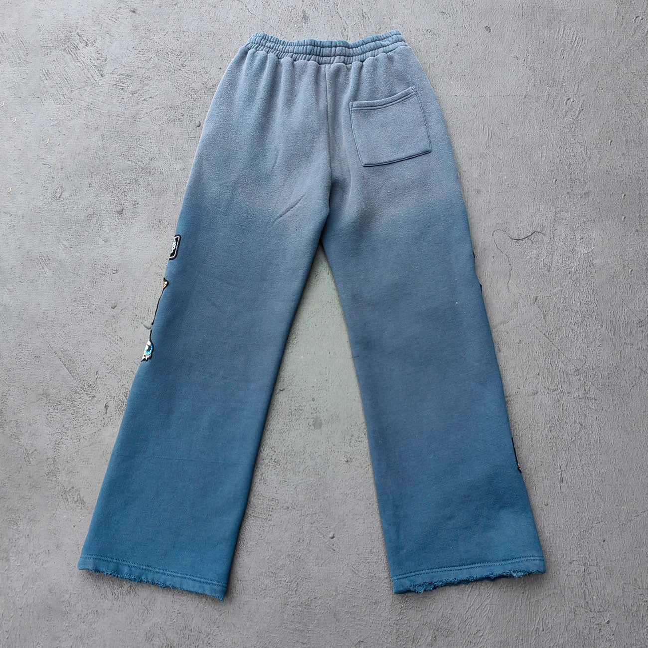 Gray Blue Glory Patch Pants - Multi Badge Embroidered Acid Wash Wide Leg Drawstring Y2K Oversized