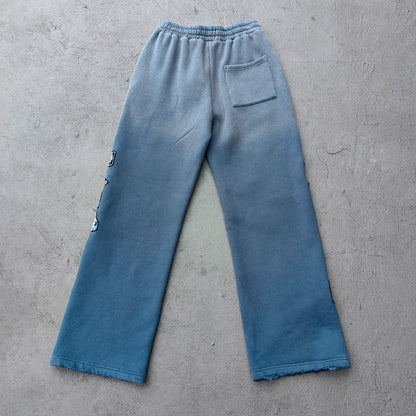 Gray Blue Glory Patch Pants - Multi Badge Embroidered Acid Wash Wide Leg Drawstring Y2K Oversized