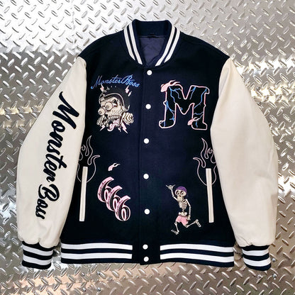 custom logo chenille embroidery letterman varsity jacket with leather sleeves