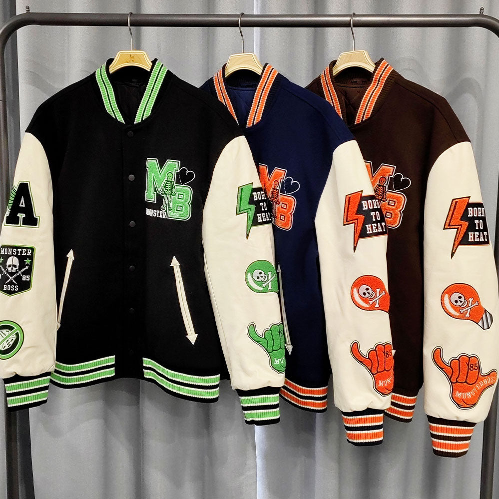 FACTORY streetwear custom leather sleeve applique embroidery varsity jacket