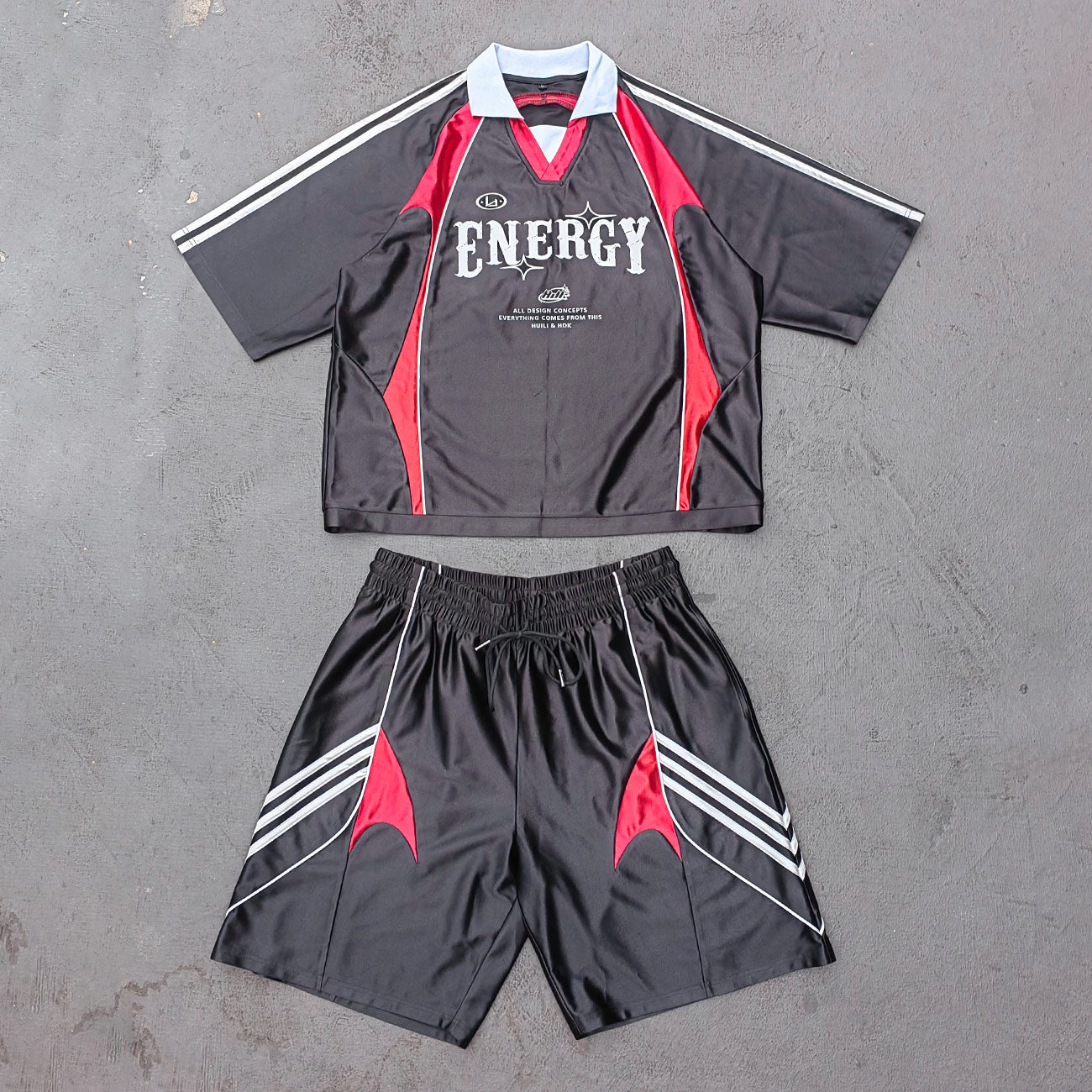 ENERGY Football Jersey Set - Black Red Color Block V Neck Three Stripe Shirt Shorts Y2K Streetwear