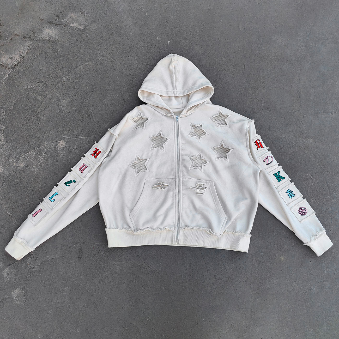 Star Cut-Out Zip Up Hoodie - White Gothic Letter Patch Distressed Y2K Streetwear