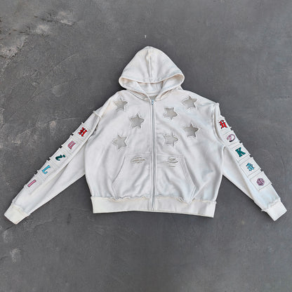 Star Cut-Out Zip Up Hoodie - White Gothic Letter Patch Distressed Y2K Streetwear