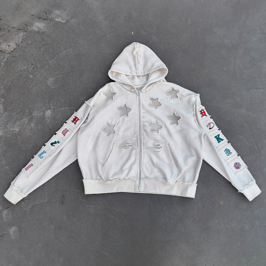Star Cut-Out Zip Up Hoodie - White Gothic Letter Patch Distressed Y2K Streetwear