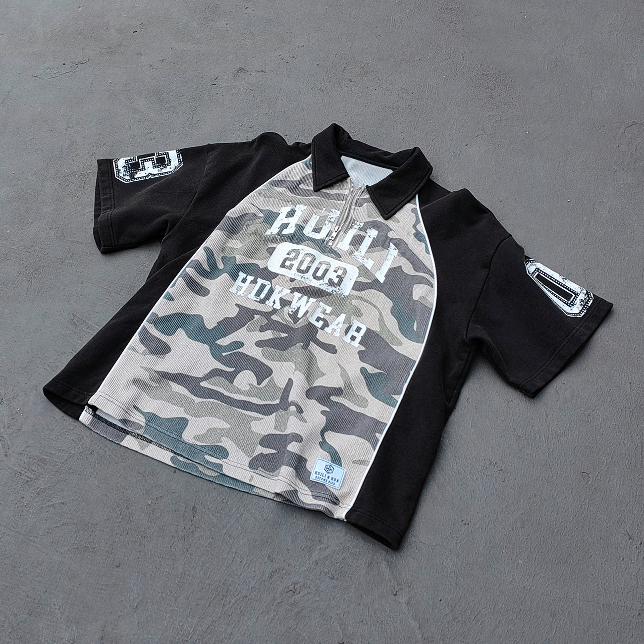 Camo Color Block Half Zip Polo - HUILI 2003 Print Y2K Rugby Shirt Streetwear
