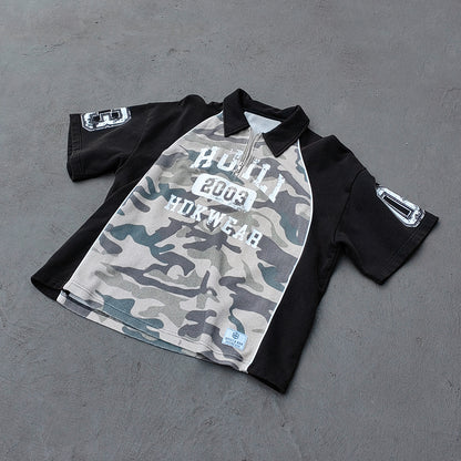Camo Color Block Half Zip Polo - HUILI 2003 Print Y2K Rugby Shirt Streetwear