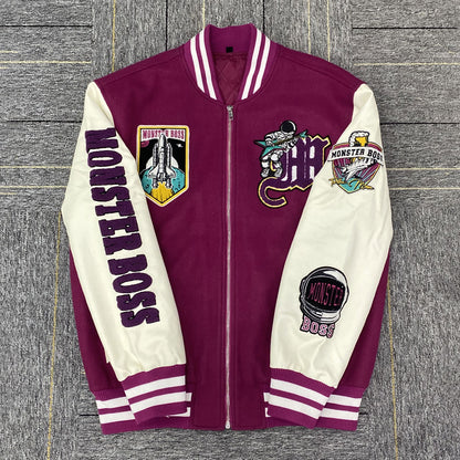 Huili Fabrik Großhandel benutzerdefinierte Logo Chenille Stickerei Letterman College Jacke mit Lederärmeln 