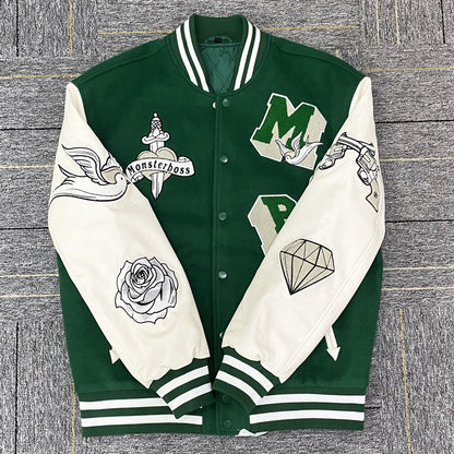 factory wholesale custom logo chenille embroidery letterman varsity jacket with leather sleeves