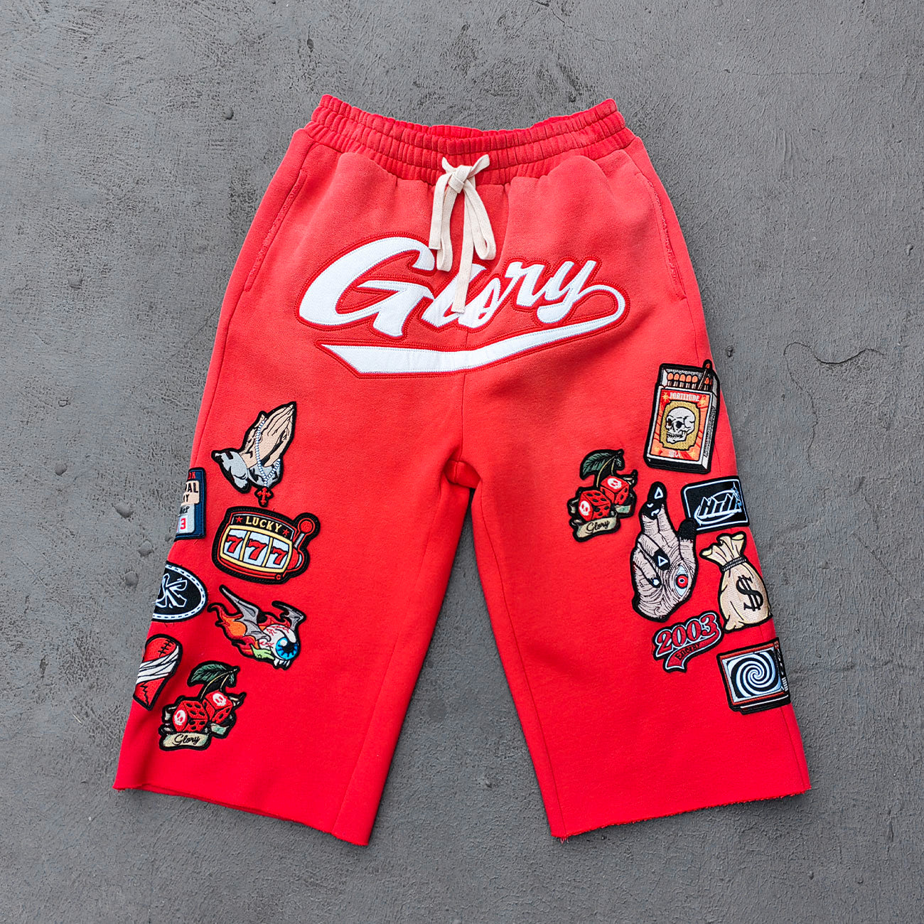 Red Glory Patch Pants - Multi Badge Embroidered Acid Wash Wide Leg Drawstring Y2K Oversized