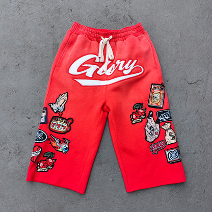 Red Glory Patch Pants - Multi Badge Embroidered Acid Wash Wide Leg Drawstring Y2K Oversized