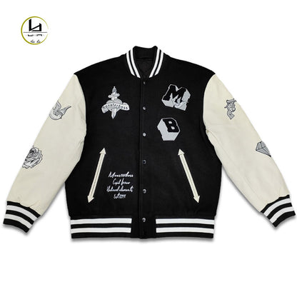 factory wholesale custom logo chenille embroidery letterman varsity jacket with leather sleeves