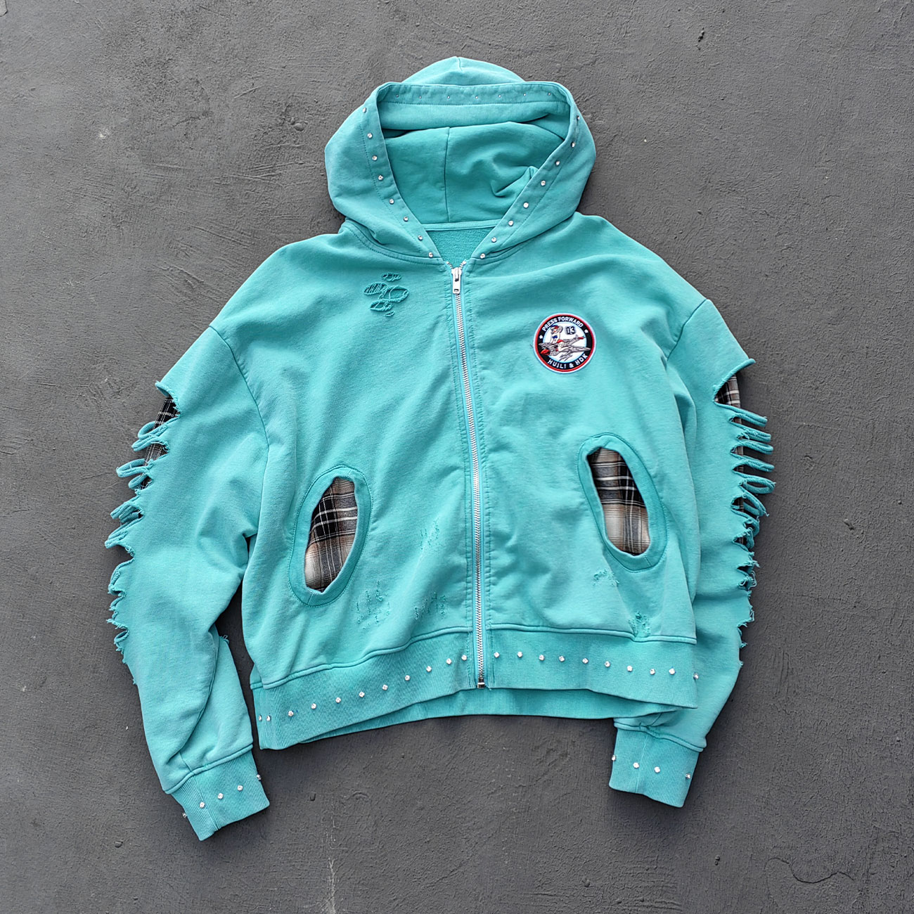 Heavily Distressed Zip Up Hoodie - Mint Studded Ripped Plaid Lining Y2K