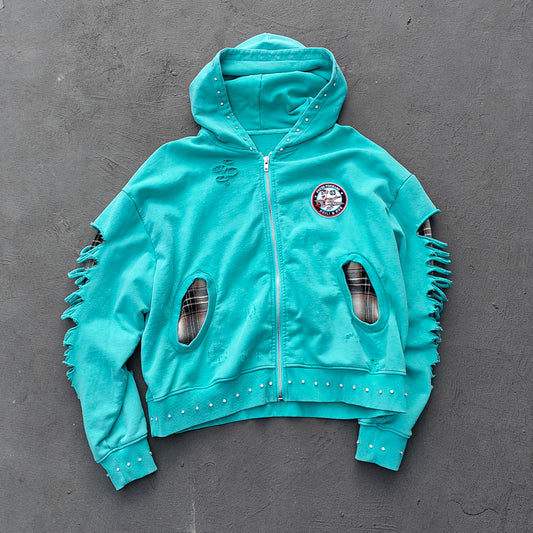 Heavily Distressed Zip Up Hoodie - Mint Studded Ripped Plaid Lining Y2K