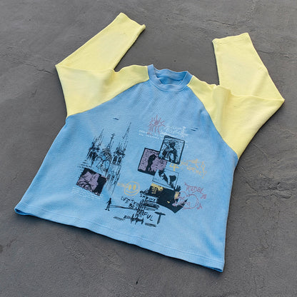Graffiti Print Raglan Long Sleeve - Blue Yellow Color Block Waffle Knit Y2K Streetwear
