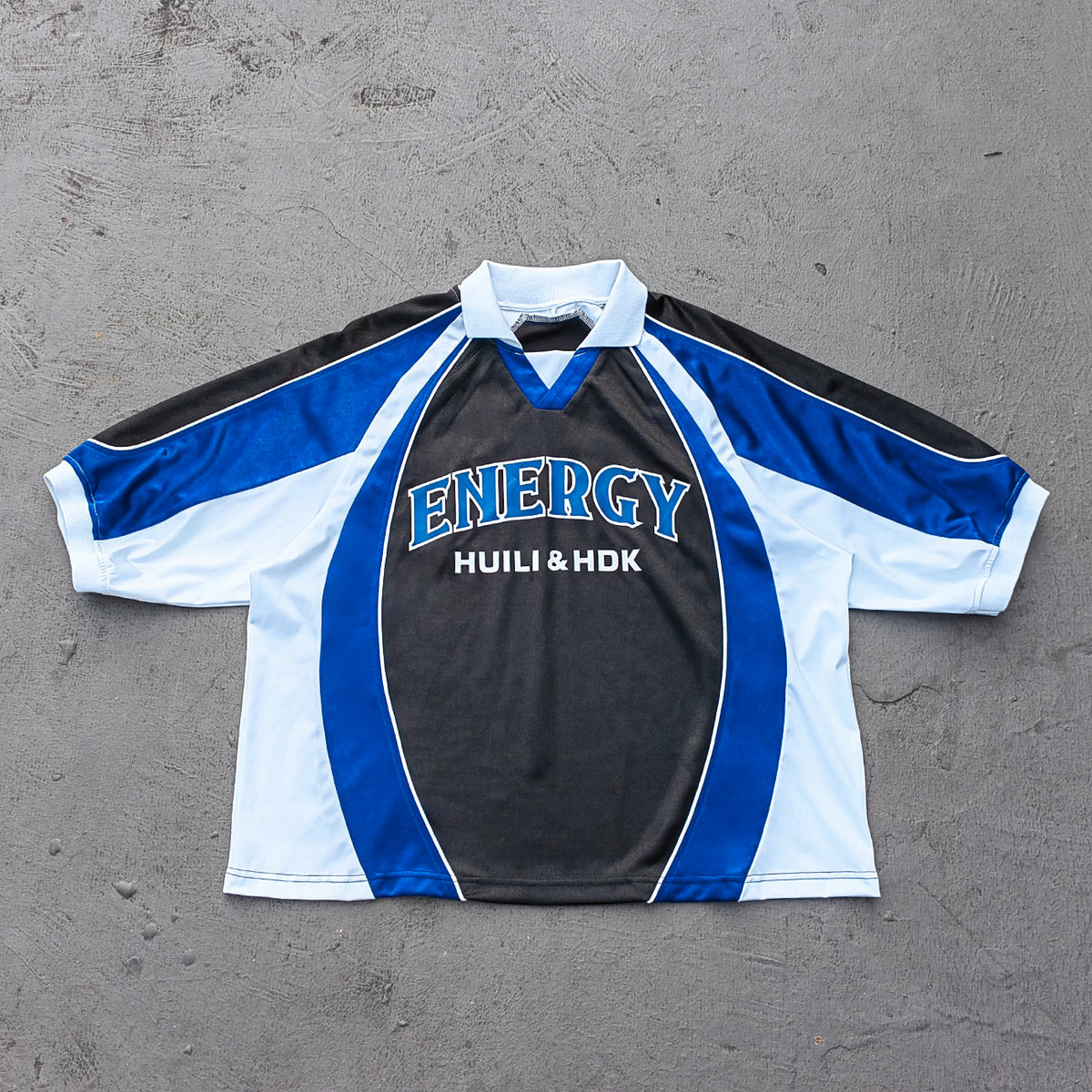 ENERGY Football Jersey Set - Black Blue White Color Block V Neck HUILI HDK Shirt Shorts Y2K Streetwear