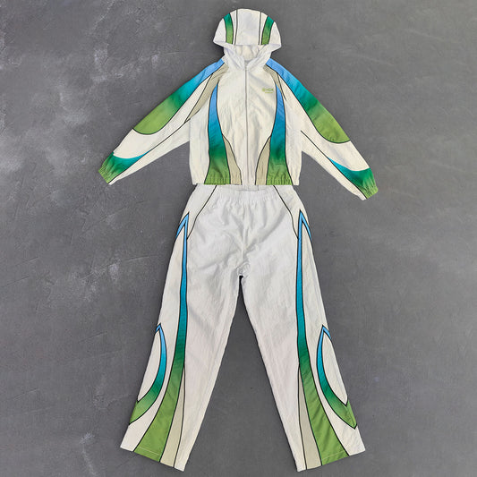 White Green Blue Gradient Flame Tracksuit - Y2K Hooded Windbreaker Matching Set