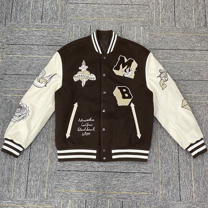 factory wholesale custom logo chenille embroidery letterman varsity jacket with leather sleeves