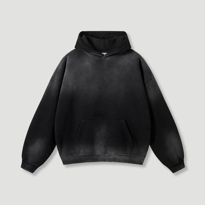Men’s Oversized Black Hoodie 360G Fleece Vintage Wash Distressed Y2K Streetwear Gradient Pullover Hooded Sweatshirt
