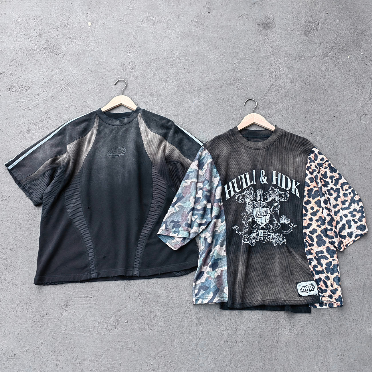 Patchwork T-Shirt - Black Waffle Camo Leopard HUILI HDK Crest Print Y2K Streetwear