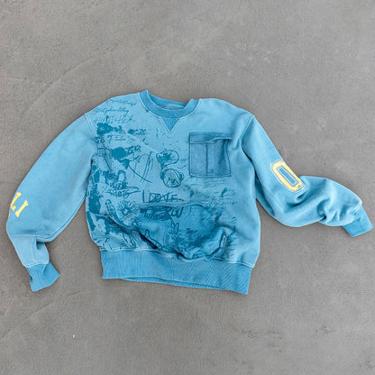 Graffiti Print Crewneck - Blue Acid Wash Distressed Y2K Oversized Sweatshirt
