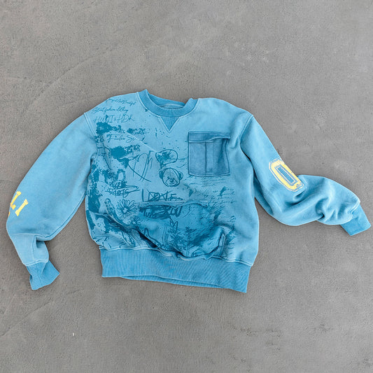 Graffiti Print Crewneck - Blue Acid Wash Distressed Y2K Oversized Sweatshirt