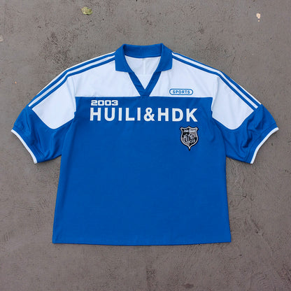 HUILI HDK 2003 Football Jersey - Blue White Color Block V Neck Three Stripe Y2K Streetwear
