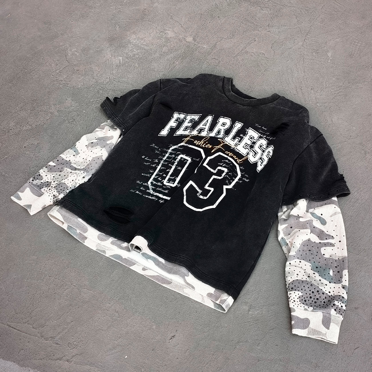 Camo Layered Crewneck - FEARLESS 03 Print Studded Rhinestone Distressed Sweatshirt