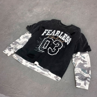 Camo Layered Crewneck - FEARLESS 03 Print Studded Rhinestone Distressed Sweatshirt