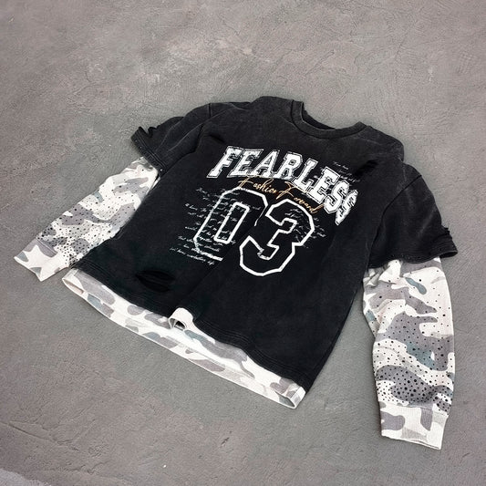 Camo Layered Crewneck - FEARLESS 03 Print Studded Rhinestone Distressed Sweatshirt