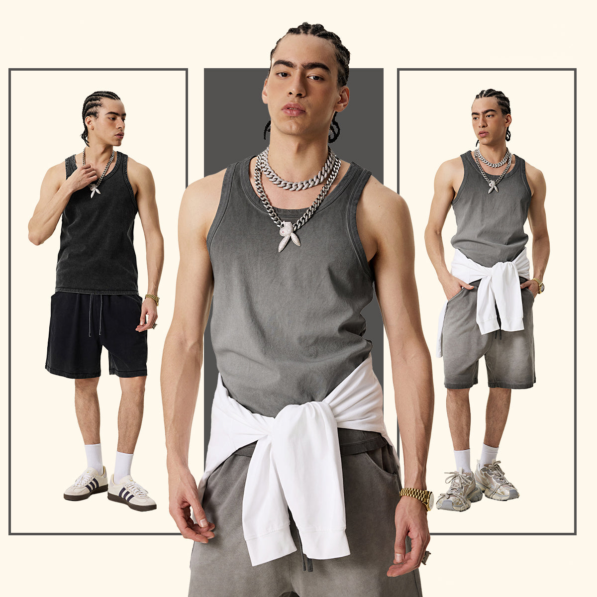 Retro Heavyweight color acid wash sports sleeveless oversized vest men