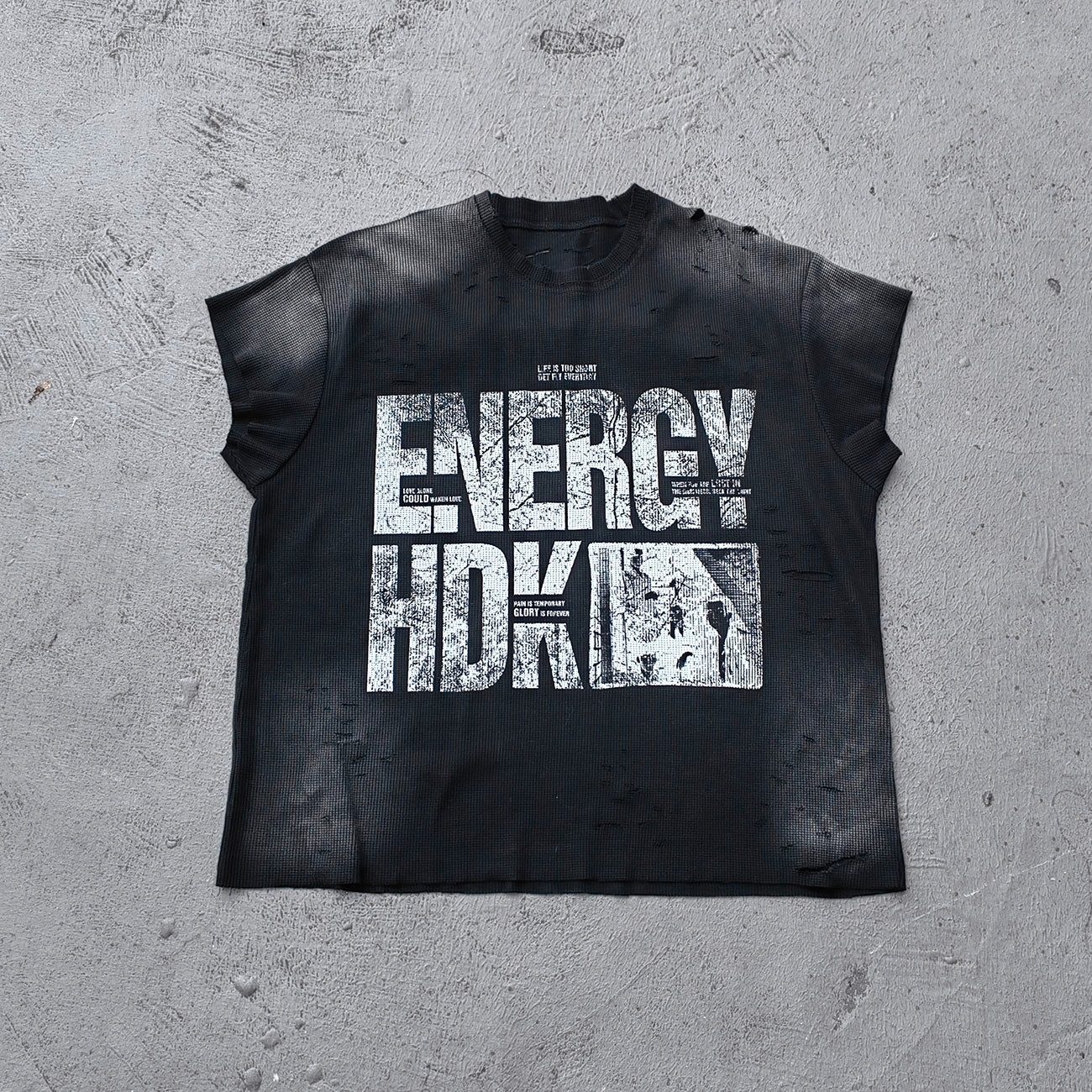ENERGY HDK Sleeveless Tee - Black White Waffle Knit Cut Off Muscle Tee Distressed Ripped Y2K Streetwear