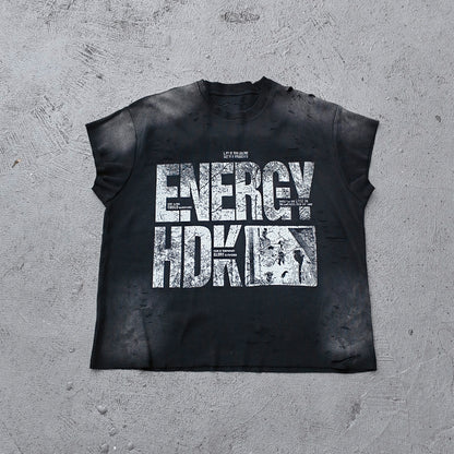 ENERGY HDK Sleeveless Tee - Black White Waffle Knit Cut Off Muscle Tee Distressed Ripped Y2K Streetwear
