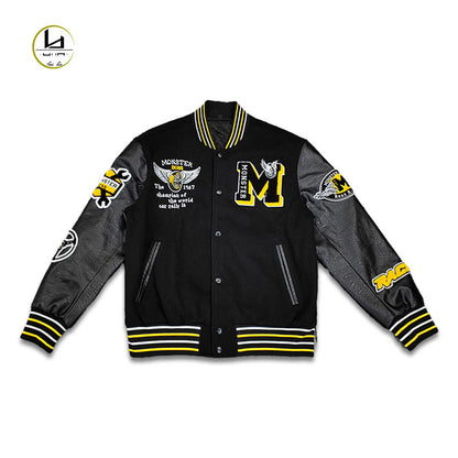 FACTORY streetwear custom applique embroidery Y2K leather sleeve varsity jacket