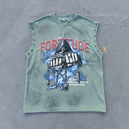 Studded Sleeveless Graphic Tee - Skull Rebel Print Y2K Rock Streetwear