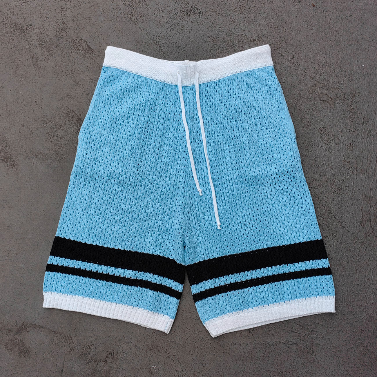Crochet Knit Polo Set - Light Blue White Black Stripe Shirt Shorts Y2K Vacation Streetwear
