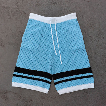 Crochet Knit Polo Set - Light Blue White Black Stripe Shirt Shorts Y2K Vacation Streetwear