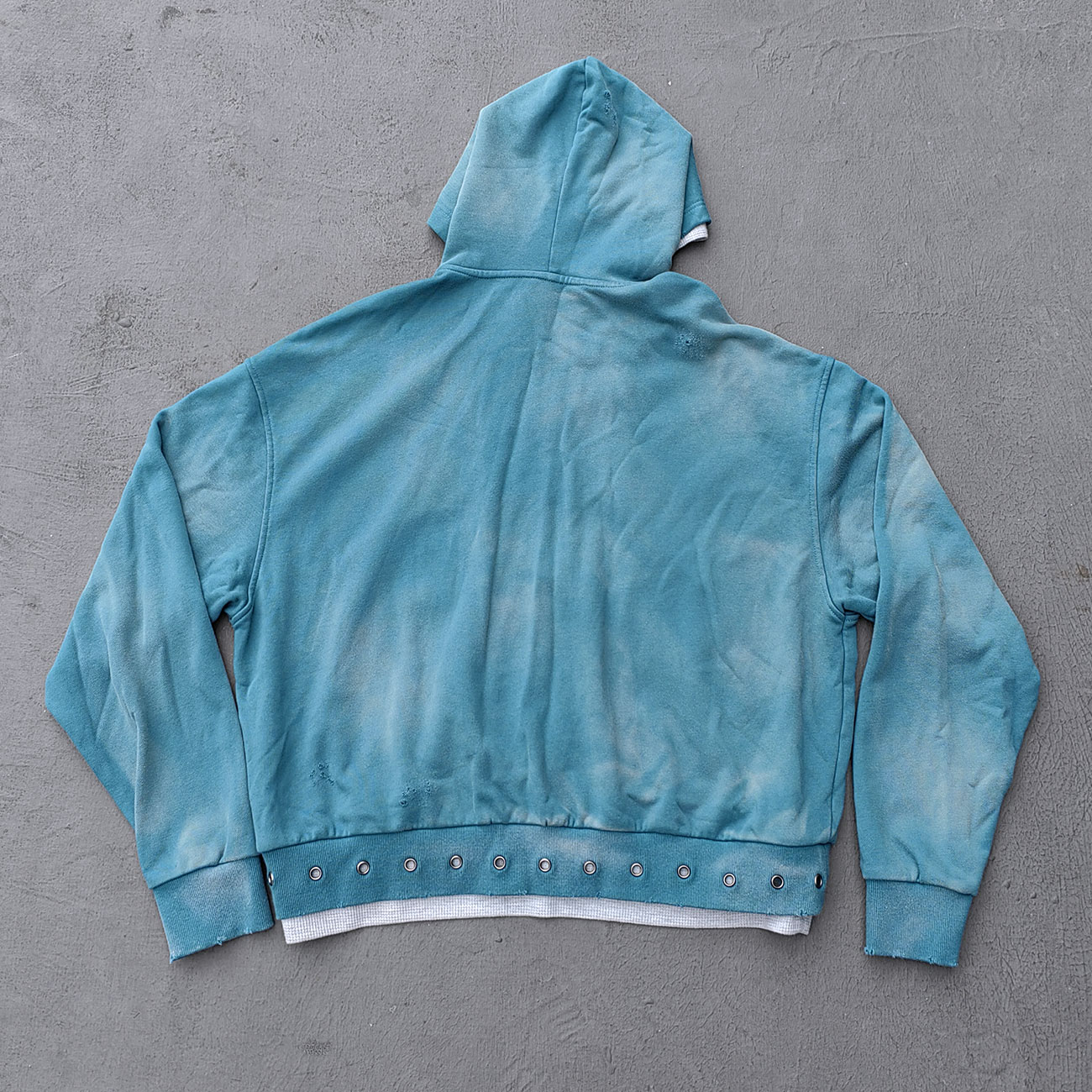Graffiti Collage Hoodie - Teal Acid Wash Eyelet Hem Y2K Ripped Zip Up Streetwear