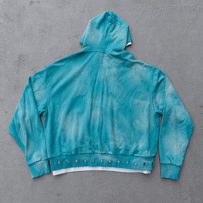 Graffiti Collage Hoodie - Teal Acid Wash Eyelet Hem Y2K Ripped Zip Up Streetwear