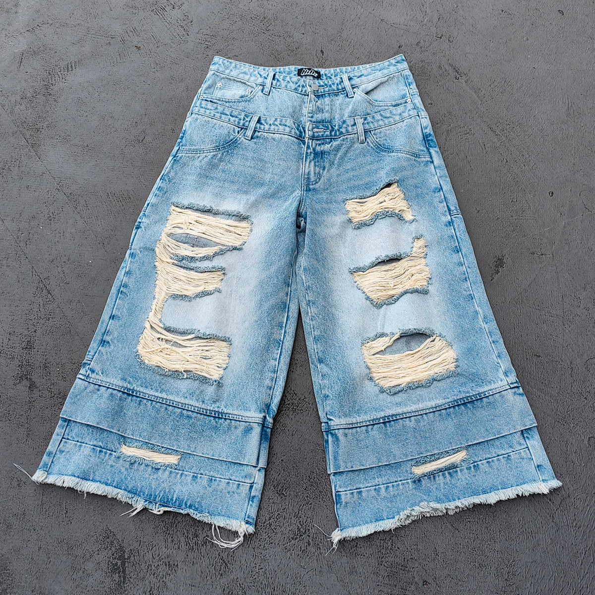 Wide Leg Jeans - Light Blue Acid Wash Double Waistband Heavy Ripped Distressed Frayed Hem Y2K Streetwear