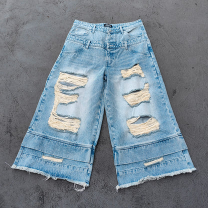 Wide Leg Jeans - Light Blue Acid Wash Double Waistband Heavy Ripped Distressed Frayed Hem Y2K Streetwear