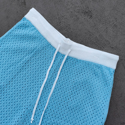 Crochet Knit Polo Set - Light Blue White Black Stripe Shirt Shorts Y2K Vacation Streetwear