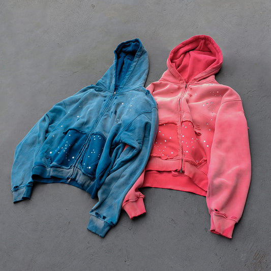Acid Wash Hoodie - Gradient Ombre Rhinestone Sequin Ripped Full Zip Y2K Oversized