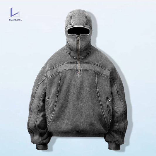 Monster factory wholesale vintage blank hooded custom men acid wash full face zip up hoodie with eye holes